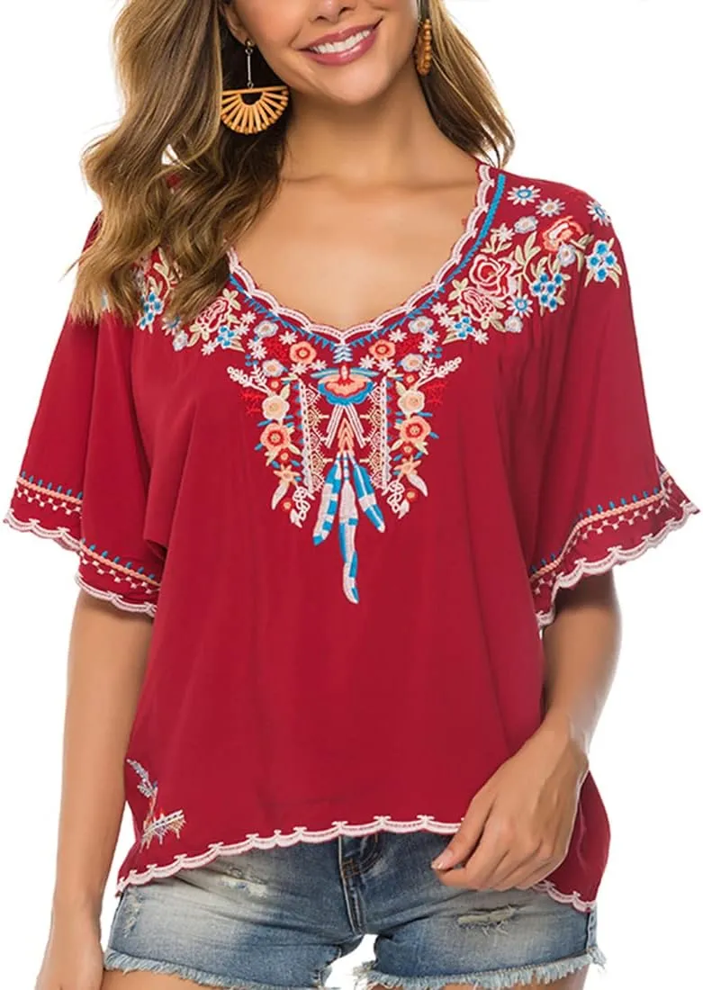 AK Women's Summer Casual Tops Boho Embroidery Mexican Bohemian Tops Shirt Tunic Blouses