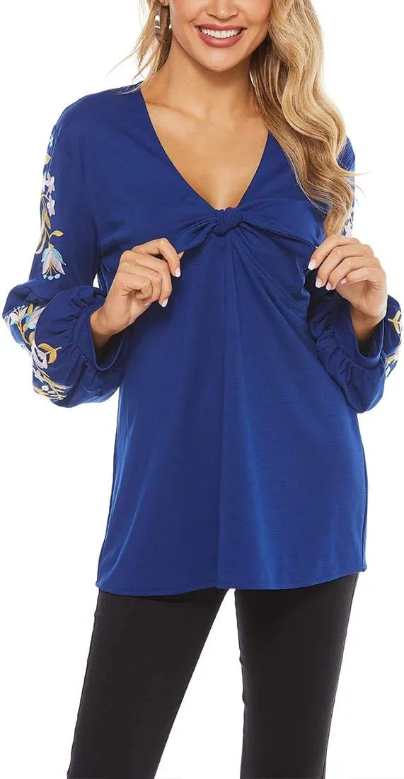 AK Women's Summer Casual Tops Boho Embroidery Mexican Bohemian Tops Shirt Tunic Blouses