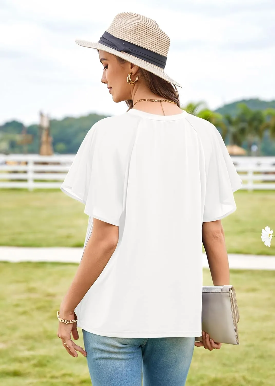 Angashion Womens Pleated Tops - Double Layers Mesh Blouses Short Sleeve Crewneck Tunics Tops