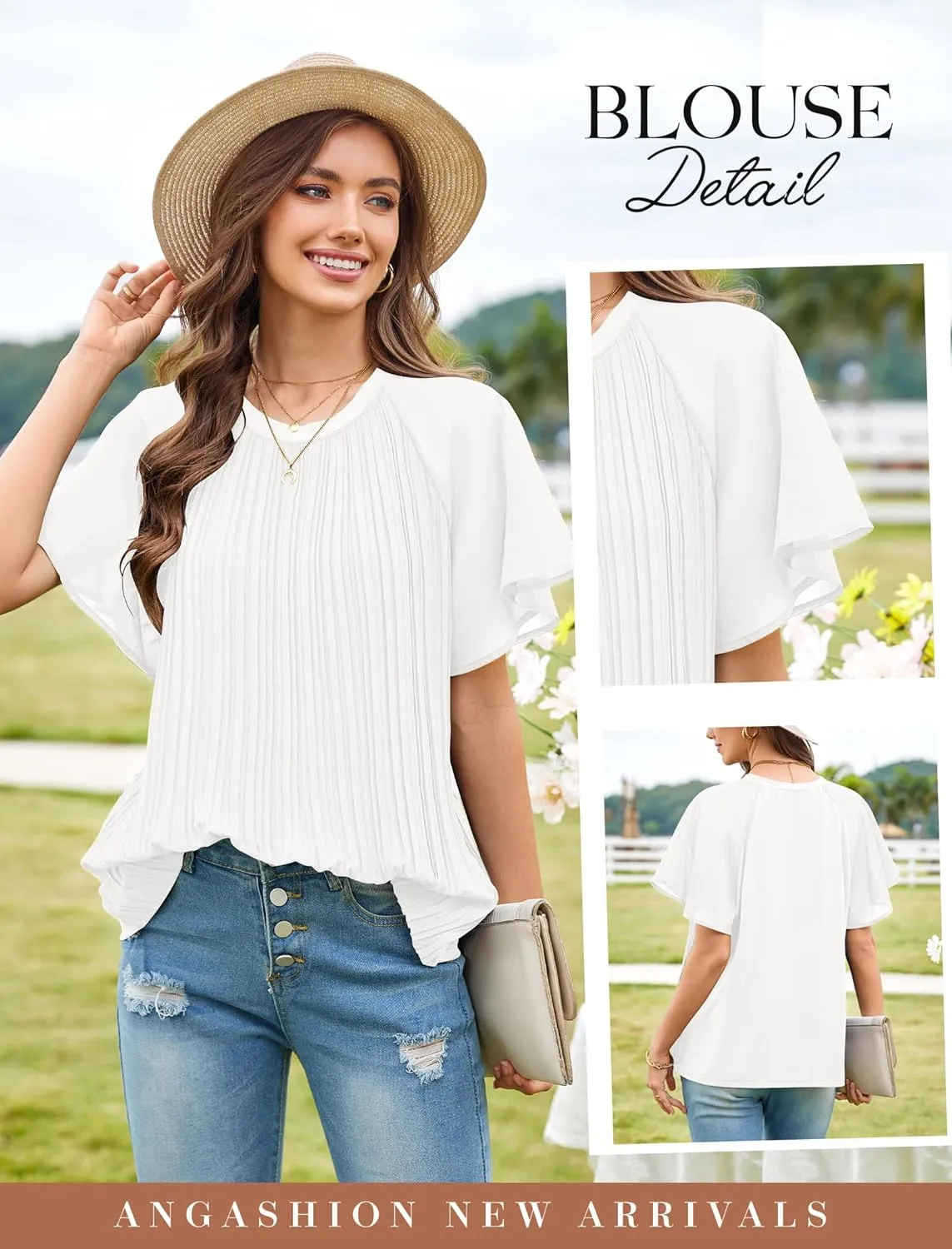 Angashion Womens Pleated Tops - Double Layers Mesh Blouses Short Sleeve Crewneck Tunics Tops