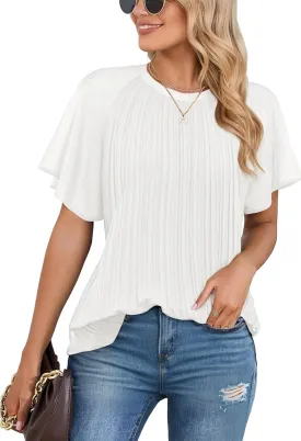 Angashion Womens Pleated Tops - Double Layers Mesh Blouses Short Sleeve Crewneck Tunics Tops