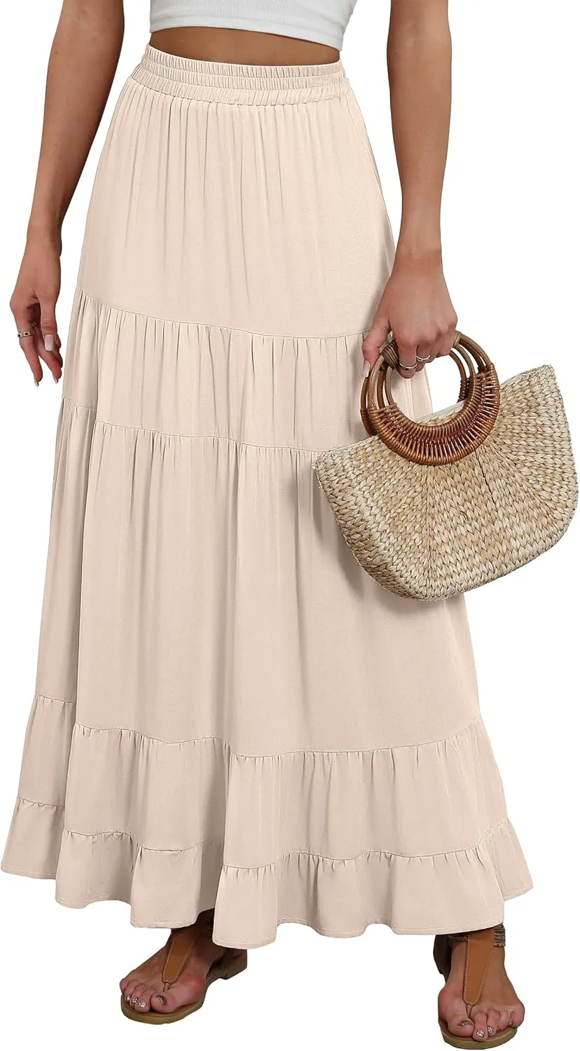 ANRABESS Womens Maxi Skirt Elastic High Waist Swing Tiered A-line Flowy Pleated Boho Beach Vacation Long Skirts