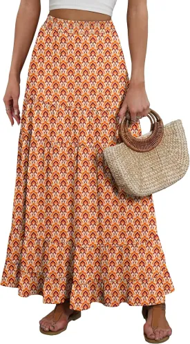 ANRABESS Womens Maxi Skirt Elastic High Waist Swing Tiered A-line Flowy Pleated Boho Beach Vacation Long Skirts