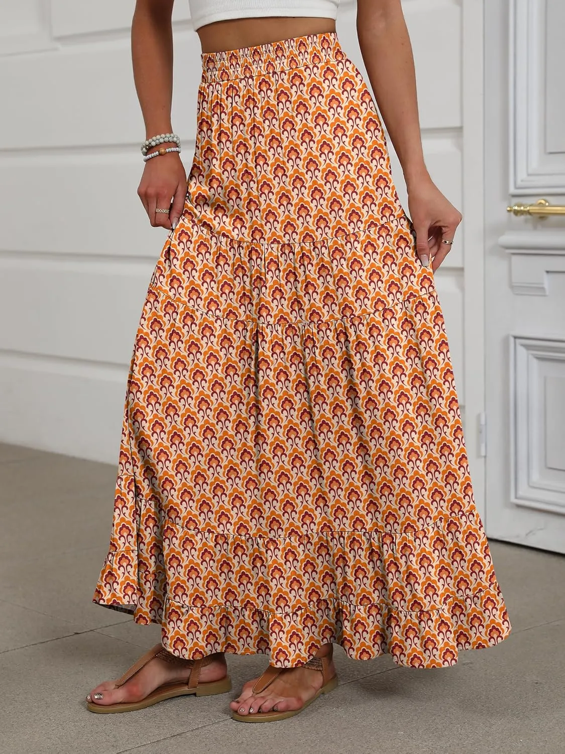 ANRABESS Womens Maxi Skirt Elastic High Waist Swing Tiered A-line Flowy Pleated Boho Beach Vacation Long Skirts