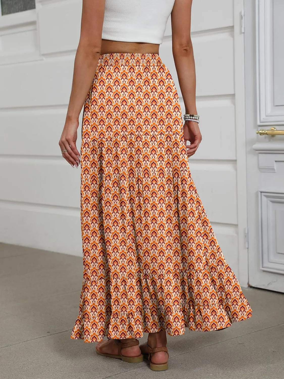 ANRABESS Womens Maxi Skirt Elastic High Waist Swing Tiered A-line Flowy Pleated Boho Beach Vacation Long Skirts