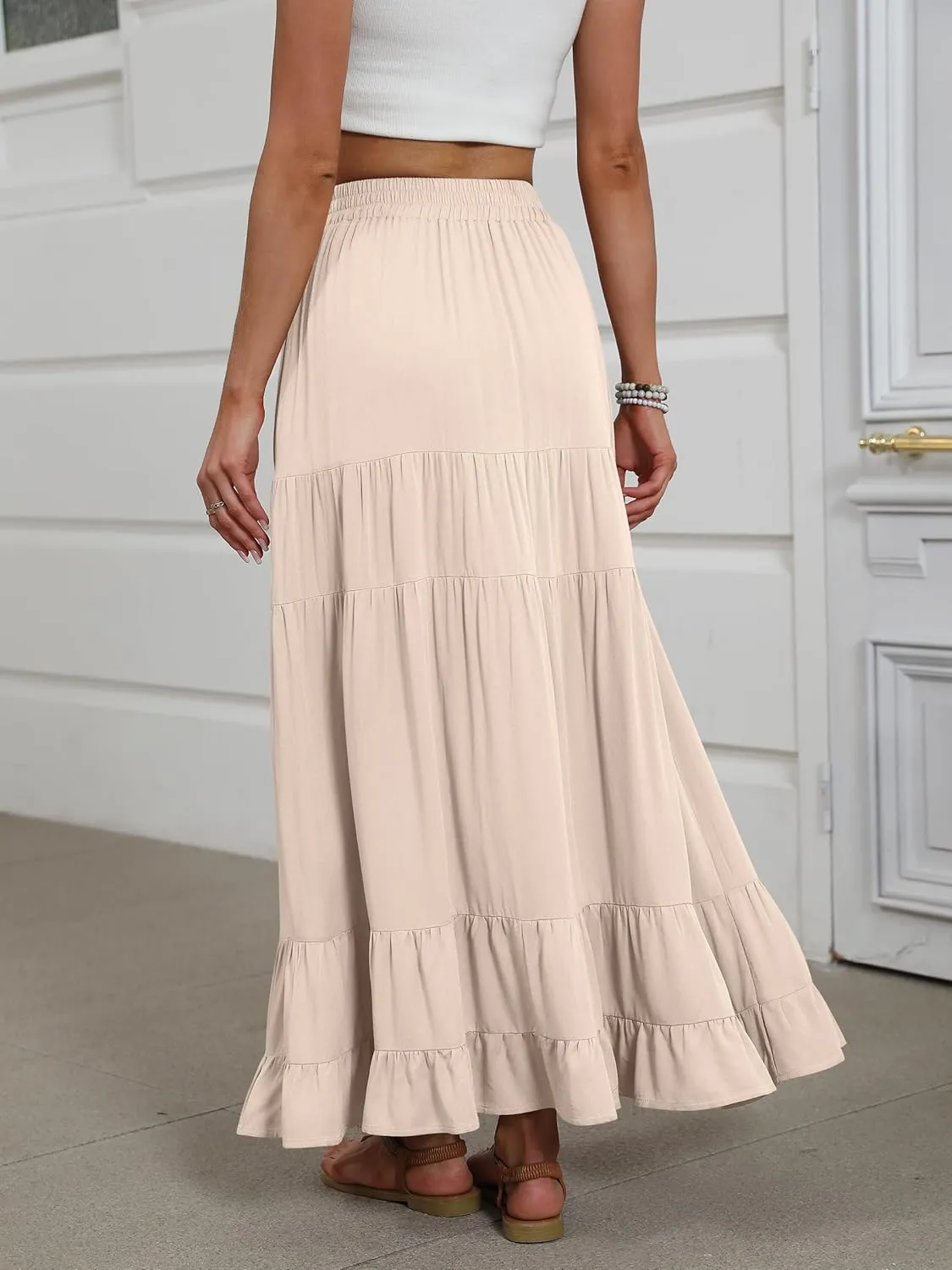 ANRABESS Womens Maxi Skirt Elastic High Waist Swing Tiered A-line Flowy Pleated Boho Beach Vacation Long Skirts