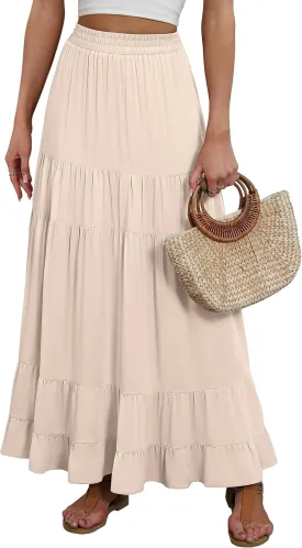 ANRABESS Womens Maxi Skirt Elastic High Waist Swing Tiered A-line Flowy Pleated Boho Beach Vacation Long Skirts