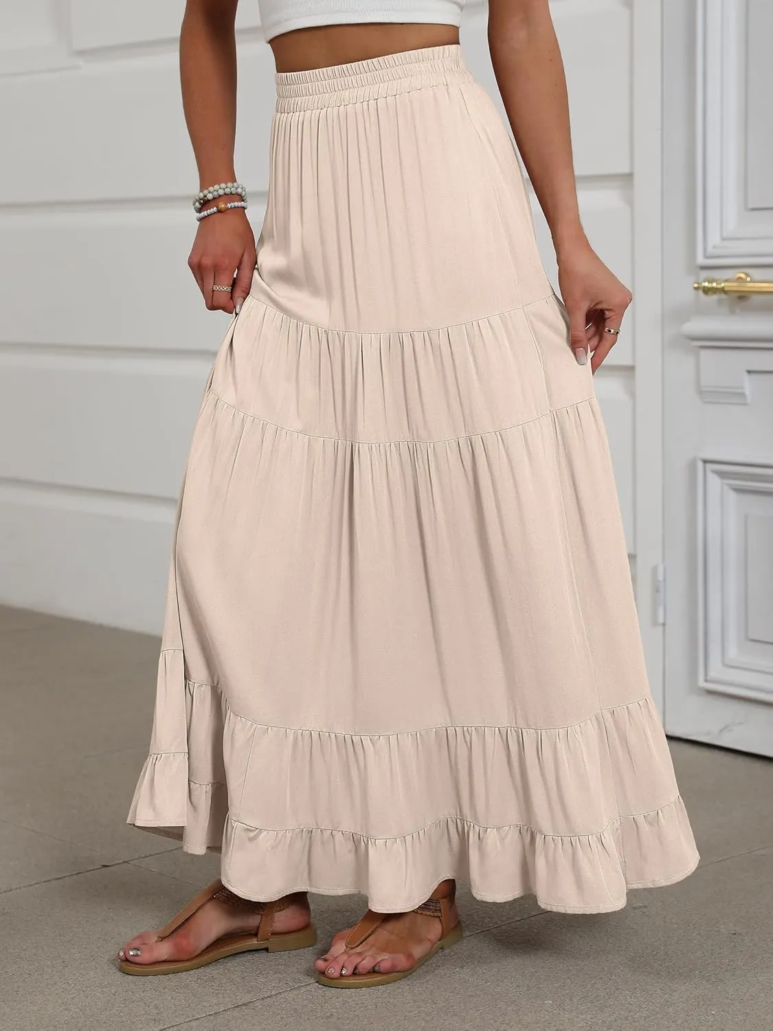 ANRABESS Womens Maxi Skirt Elastic High Waist Swing Tiered A-line Flowy Pleated Boho Beach Vacation Long Skirts