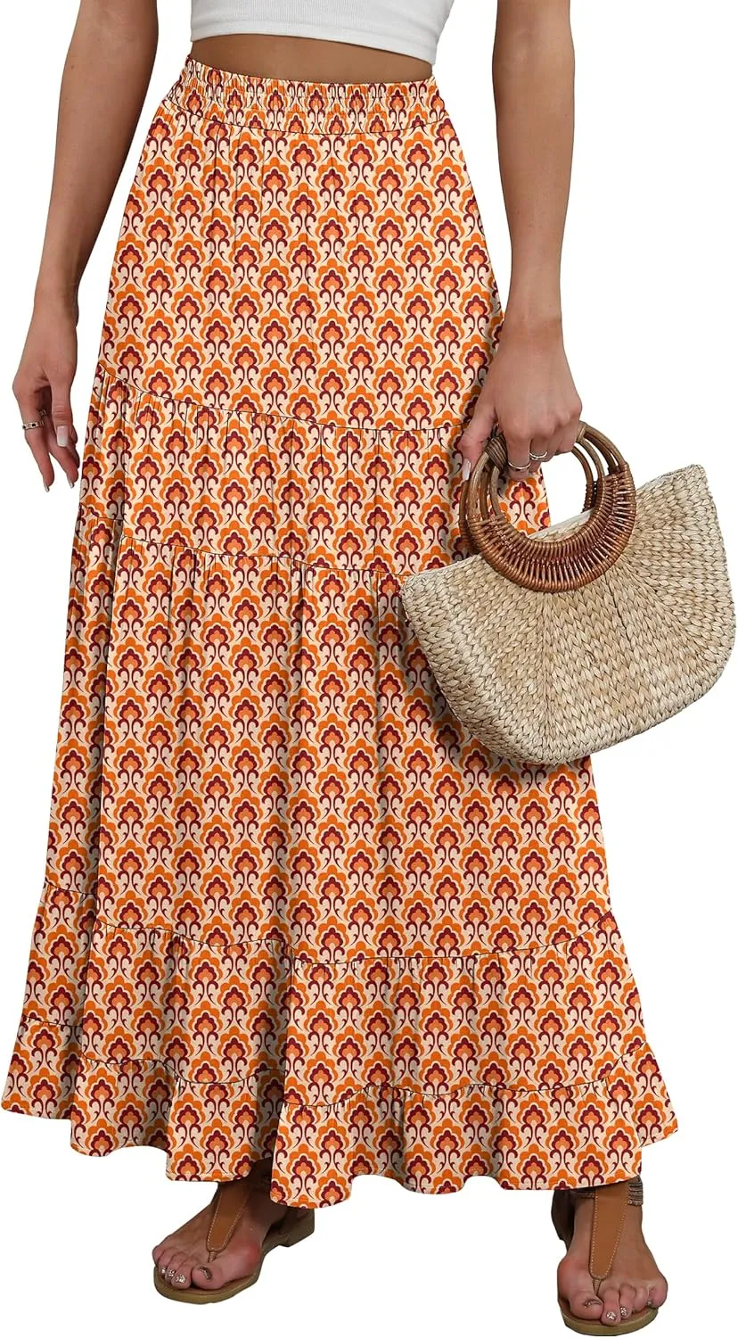 ANRABESS Womens Maxi Skirt Elastic High Waist Swing Tiered A-line Flowy Pleated Boho Beach Vacation Long Skirts