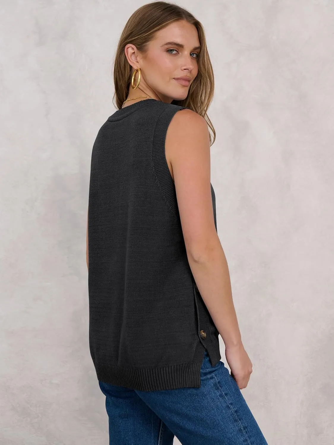 ANRABESS Womens Sweater Vest Summer Sleeveless Crewneck Ribbed Knit Side Button Pullover Tank Tops 2025 Outfits