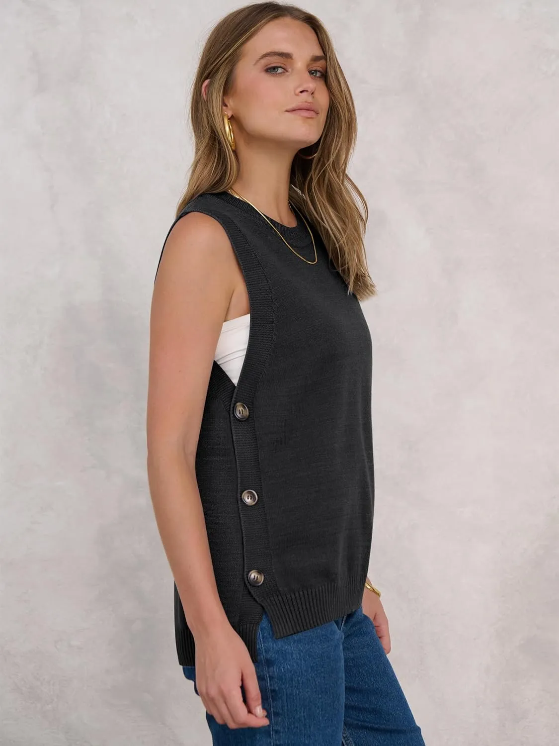 ANRABESS Womens Sweater Vest Summer Sleeveless Crewneck Ribbed Knit Side Button Pullover Tank Tops 2025 Outfits