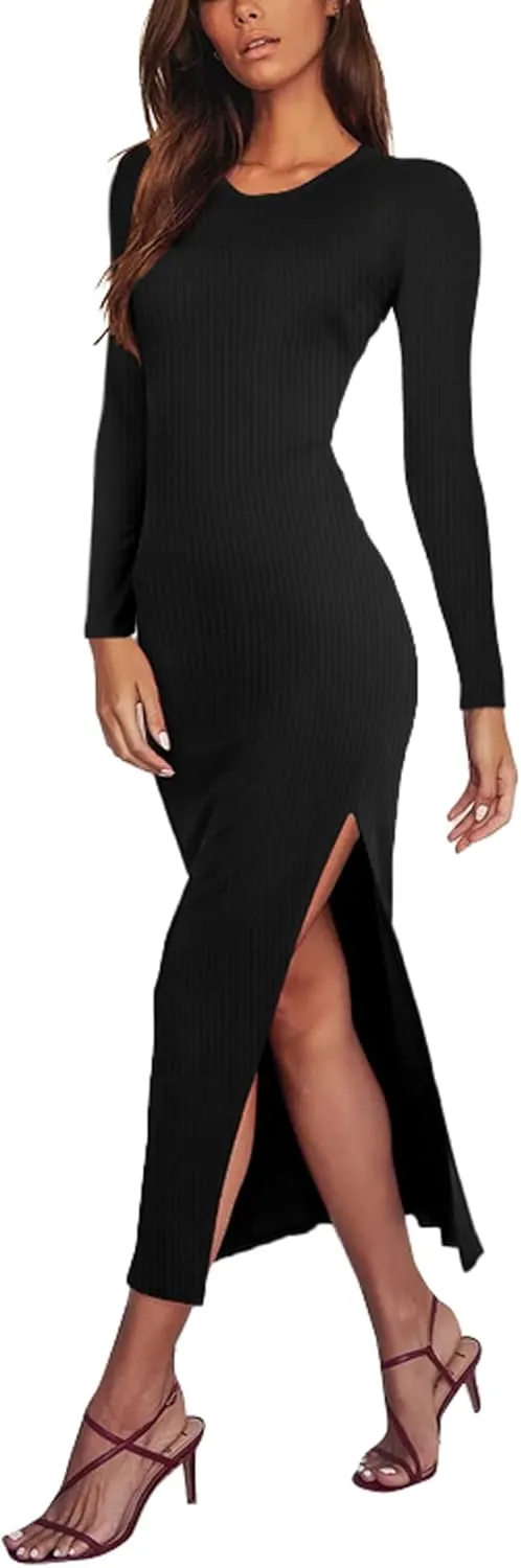 Antopmen Women Round Crewneck Long Sleeve Ribbed Dress Side Slit Knit Bodycon Strecthy Midi Dress