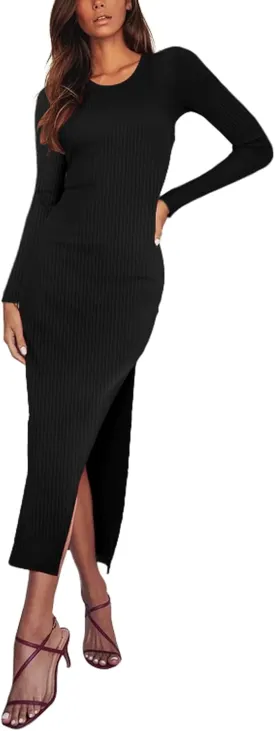 Antopmen Women Round Crewneck Long Sleeve Ribbed Dress Side Slit Knit Bodycon Strecthy Midi Dress