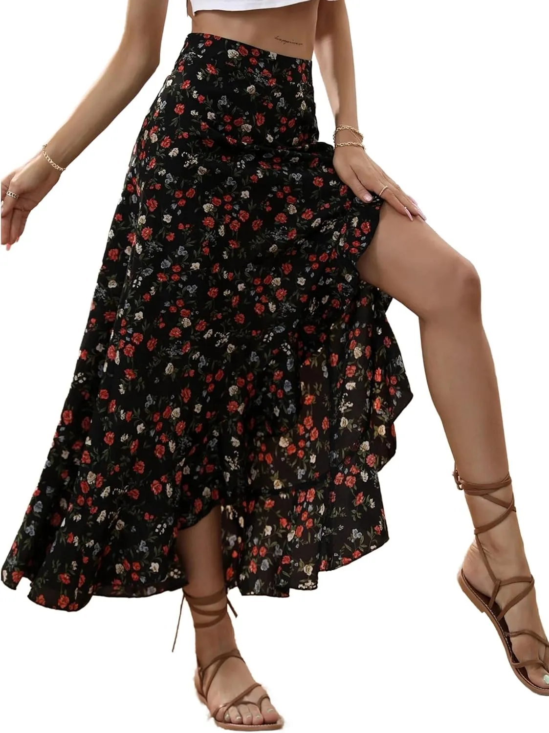 Avanova Women's Slit Split Ruffle Long Skirts High Waisted Summer Flowy Maxi Skirts