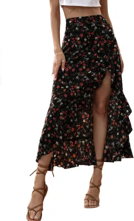 Avanova Women's Slit Split Ruffle Long Skirts High Waisted Summer Flowy Maxi Skirts