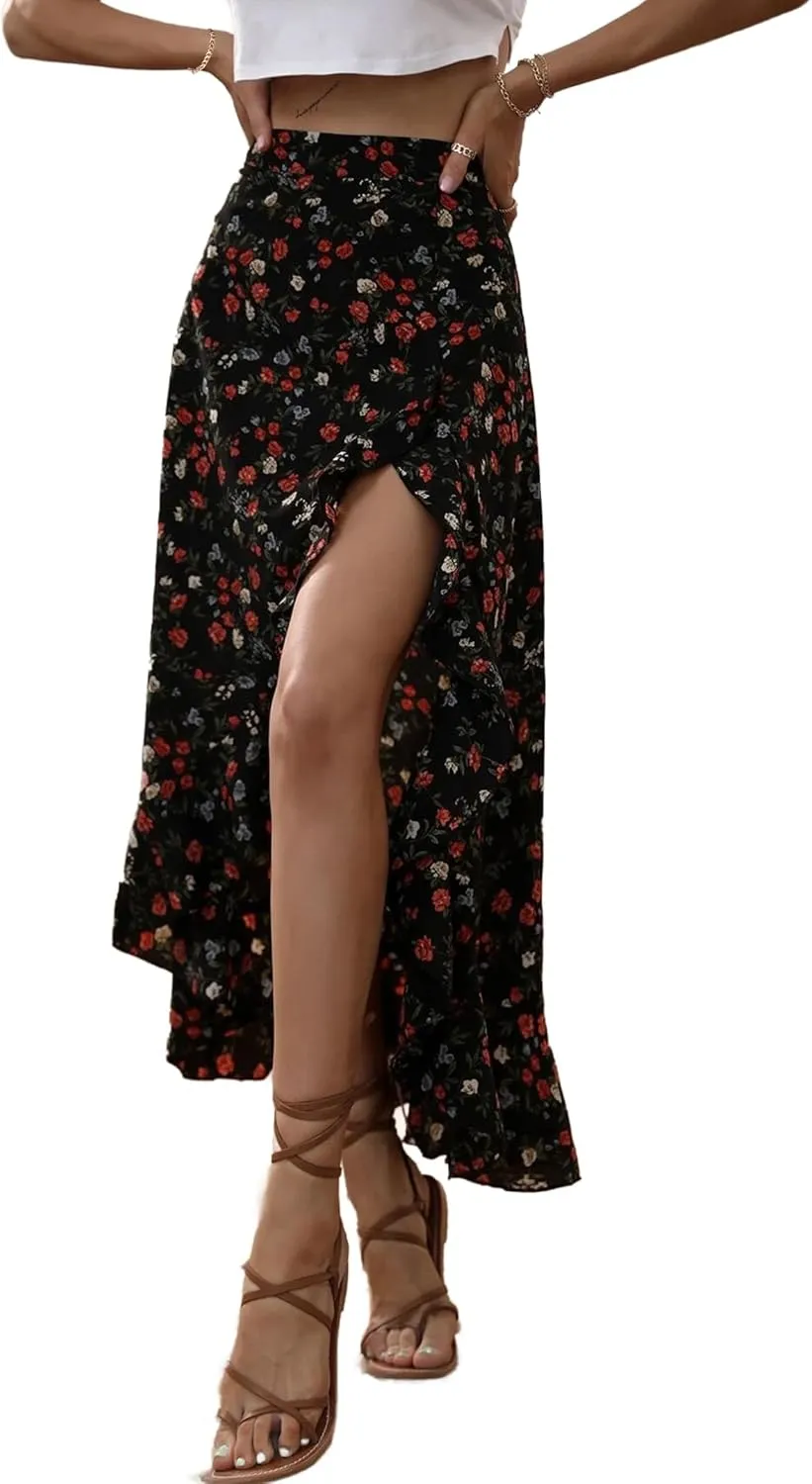 Avanova Women's Slit Split Ruffle Long Skirts High Waisted Summer Flowy Maxi Skirts