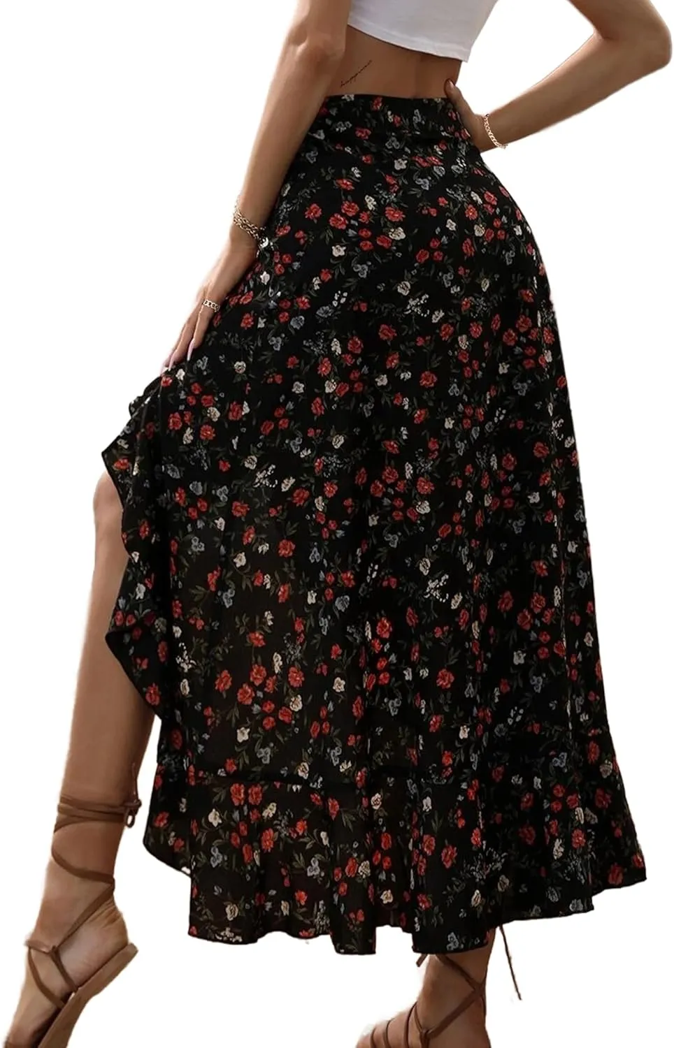 Avanova Women's Slit Split Ruffle Long Skirts High Waisted Summer Flowy Maxi Skirts