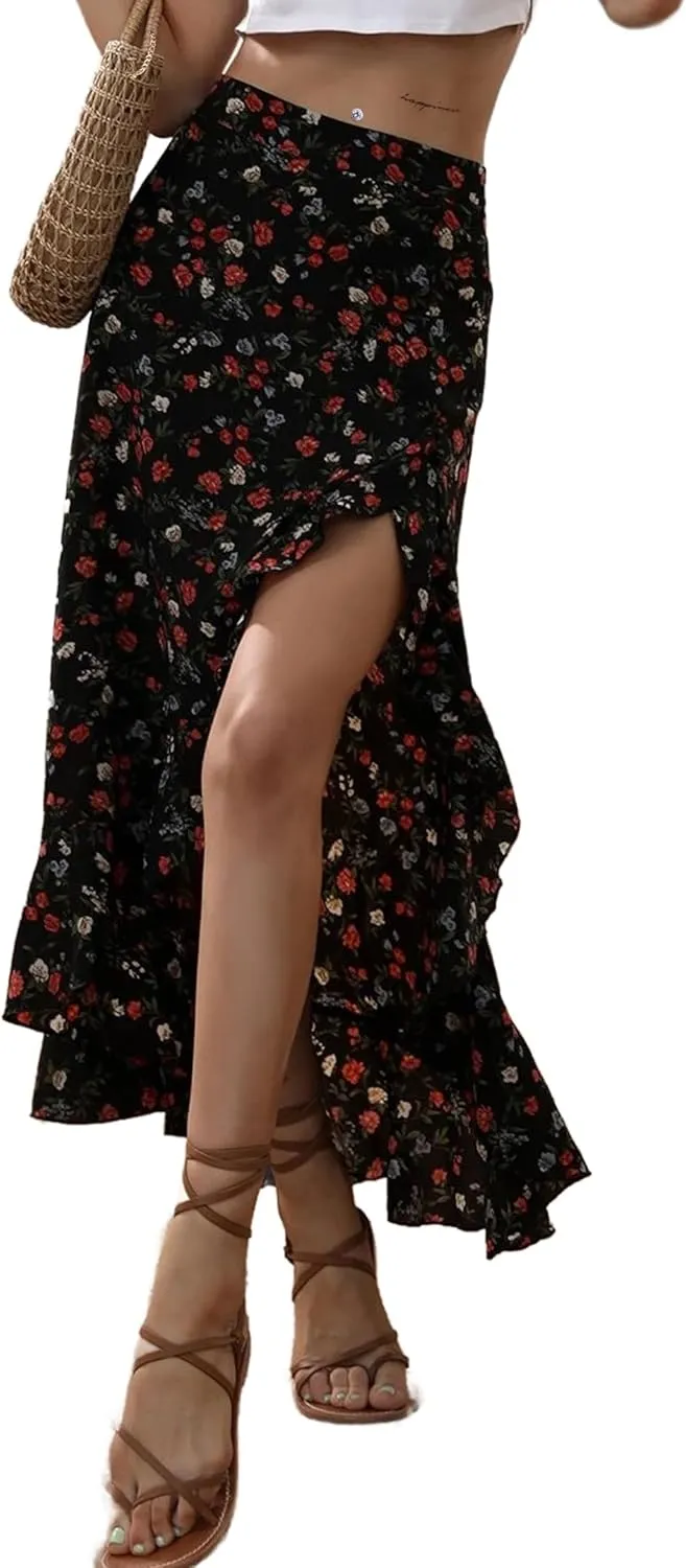 Avanova Women's Slit Split Ruffle Long Skirts High Waisted Summer Flowy Maxi Skirts