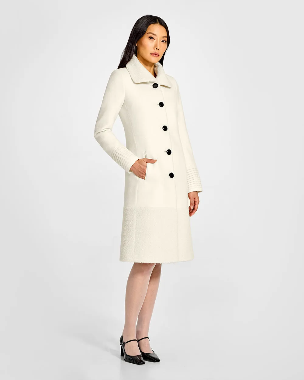 Baby Alpaca Empire Waist A-line Coat with Bouclé Alpaca Collar and Trim