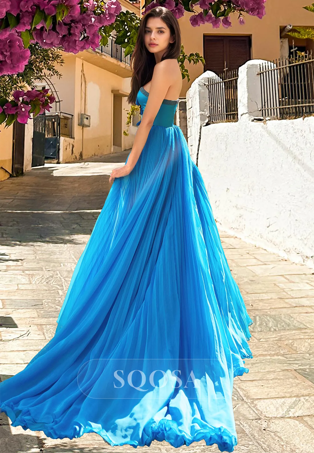 Beaded Sweetheart Sleeveless Bows Party Gowns Pleated Sweep Train Chiffon A-Line Prom Dress
