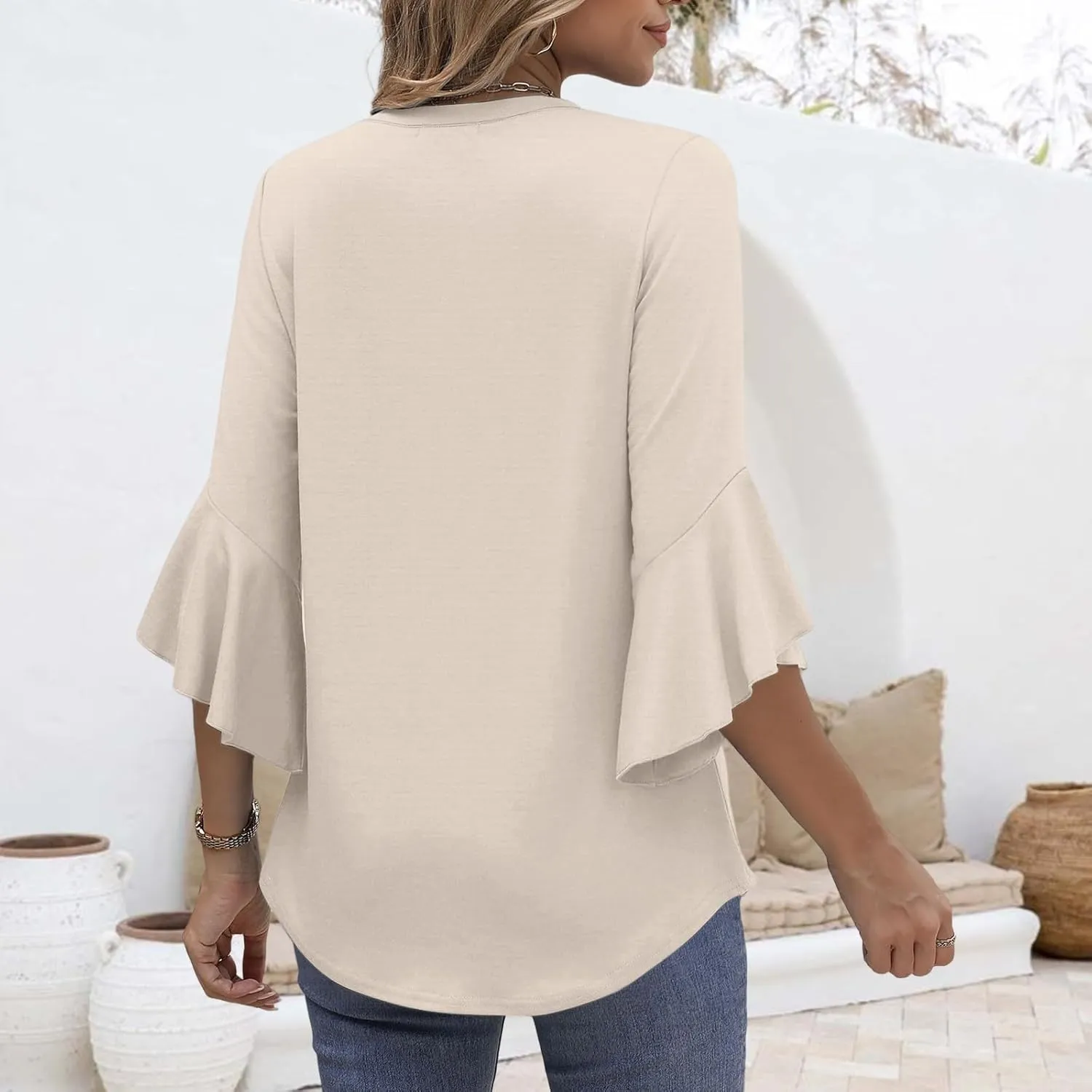Blouses for Women Dressy Casual Cute Boho Floral Print Shirts 3/4 Ruffle Sleeve V Neck Double Layers Business Tops