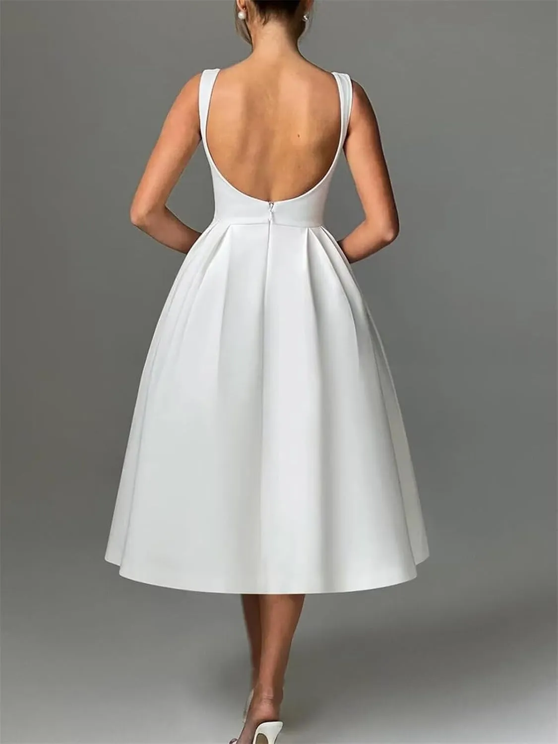 Boat Neck Prom Dresses A Line Satin Formal Evening Dress Tea Length Wedding Guest Gowns