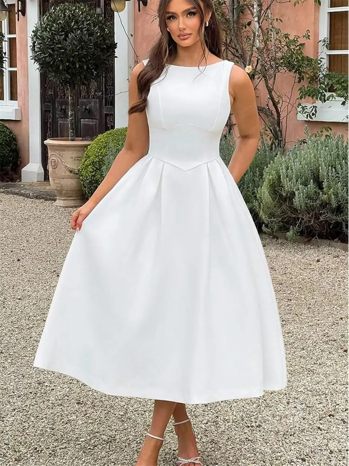 Boat Neck Prom Dresses A Line Satin Formal Evening Dress Tea Length Wedding Guest Gowns