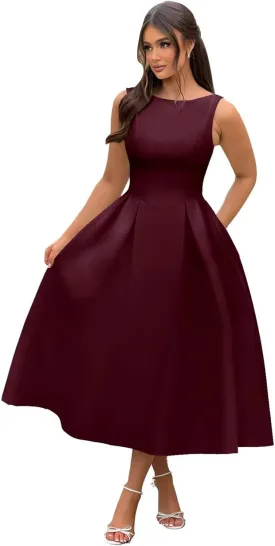 Boat Neck Prom Dresses A Line Satin Formal Evening Dress Tea Length Wedding Guest Gowns