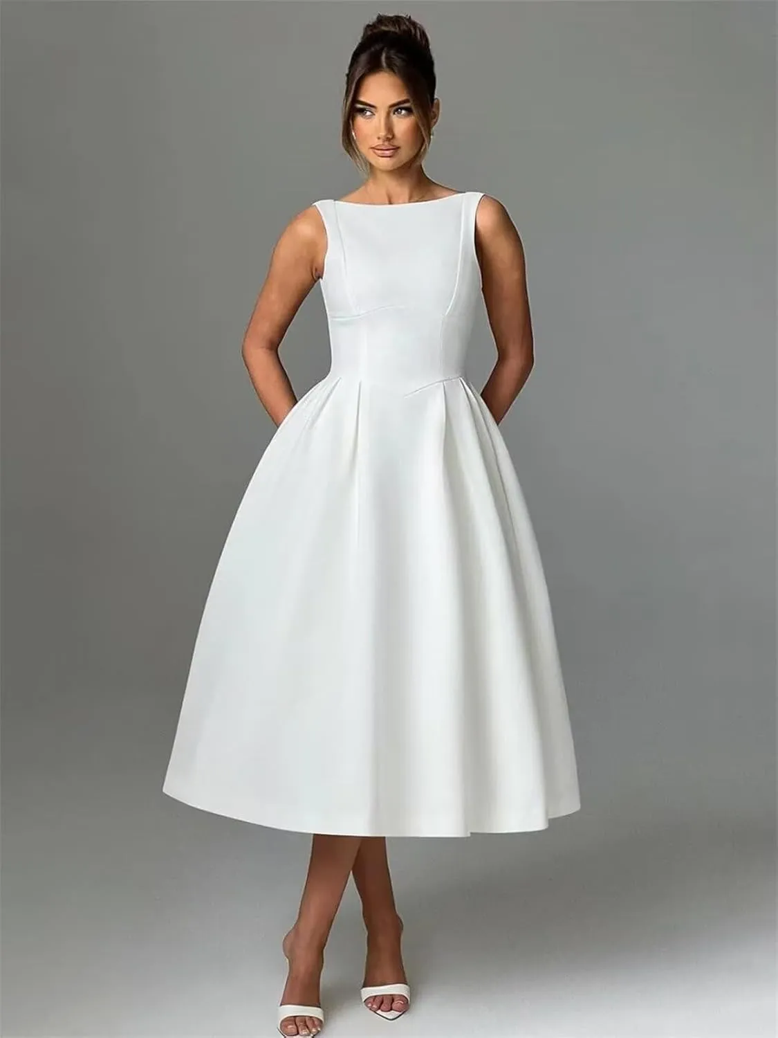 Boat Neck Prom Dresses A Line Satin Formal Evening Dress Tea Length Wedding Guest Gowns