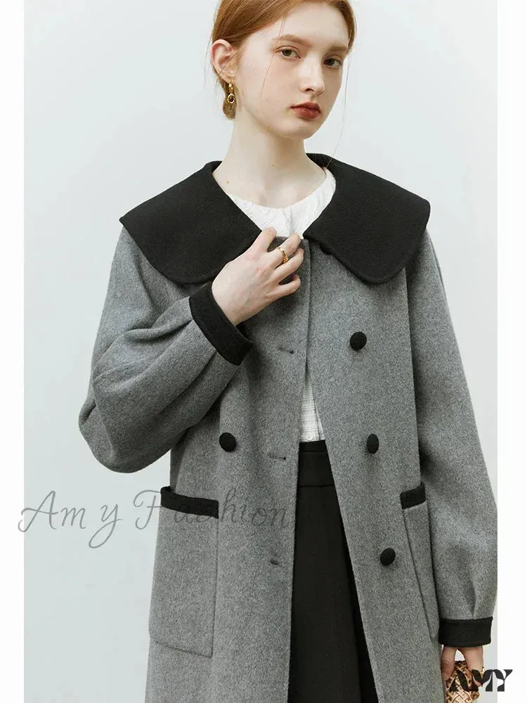 Contrasting Color Navy Collar Double-sided Vintage Mid-length Woolen Coat