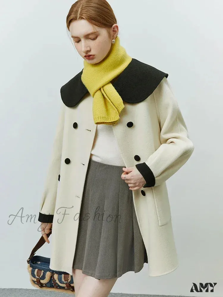 Contrasting Color Navy Collar Double-sided Vintage Mid-length Woolen Coat