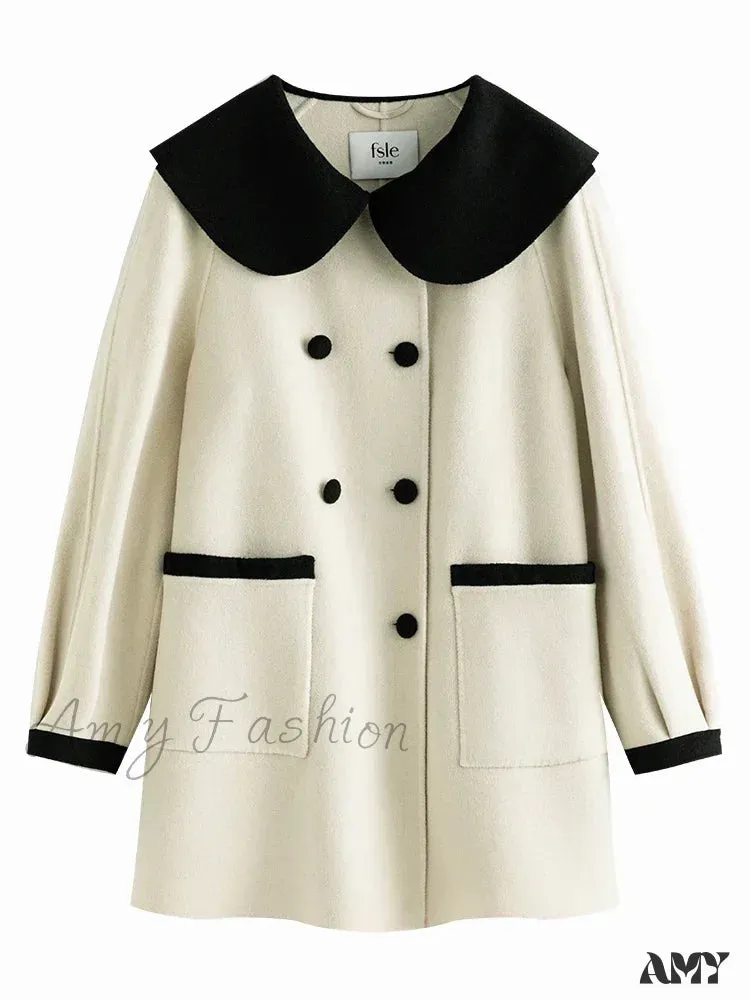 Contrasting Color Navy Collar Double-sided Vintage Mid-length Woolen Coat