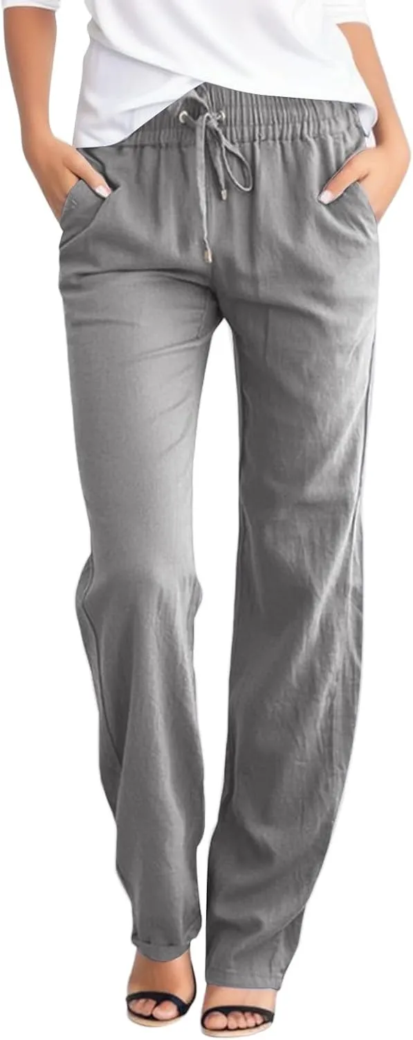 Cotton Linen Pants for Women High Waisted Drawstring Straight Leg Casual Pant Tapered Lounge Trousers with Pockets
