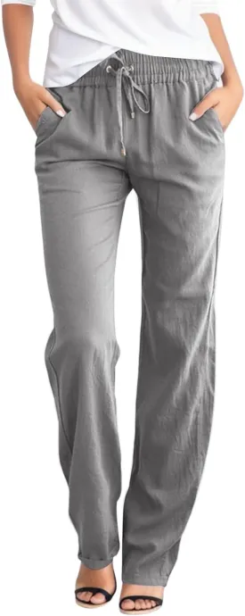 Cotton Linen Pants for Women High Waisted Drawstring Straight Leg Casual Pant Tapered Lounge Trousers with Pockets