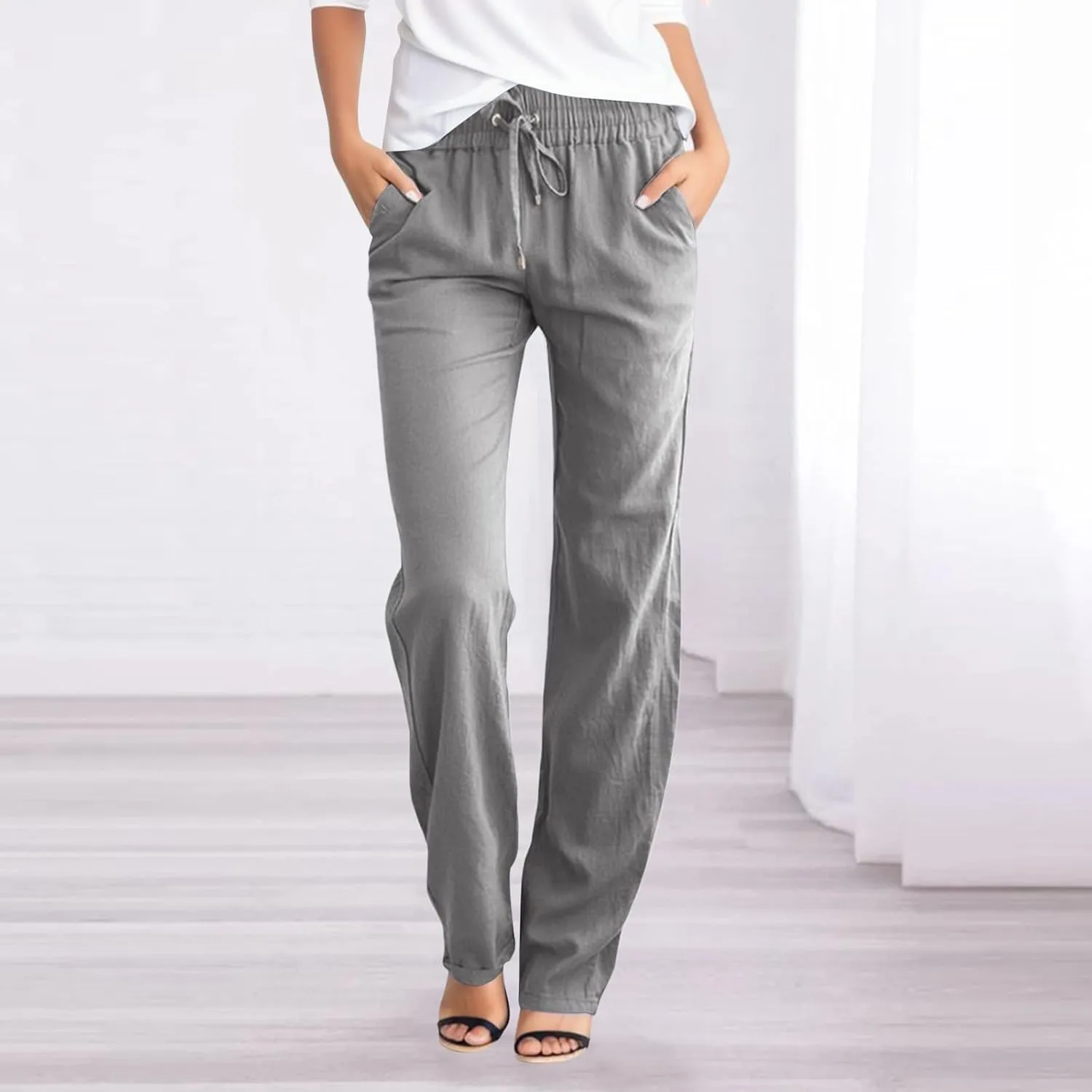 Cotton Linen Pants for Women High Waisted Drawstring Straight Leg Casual Pant Tapered Lounge Trousers with Pockets