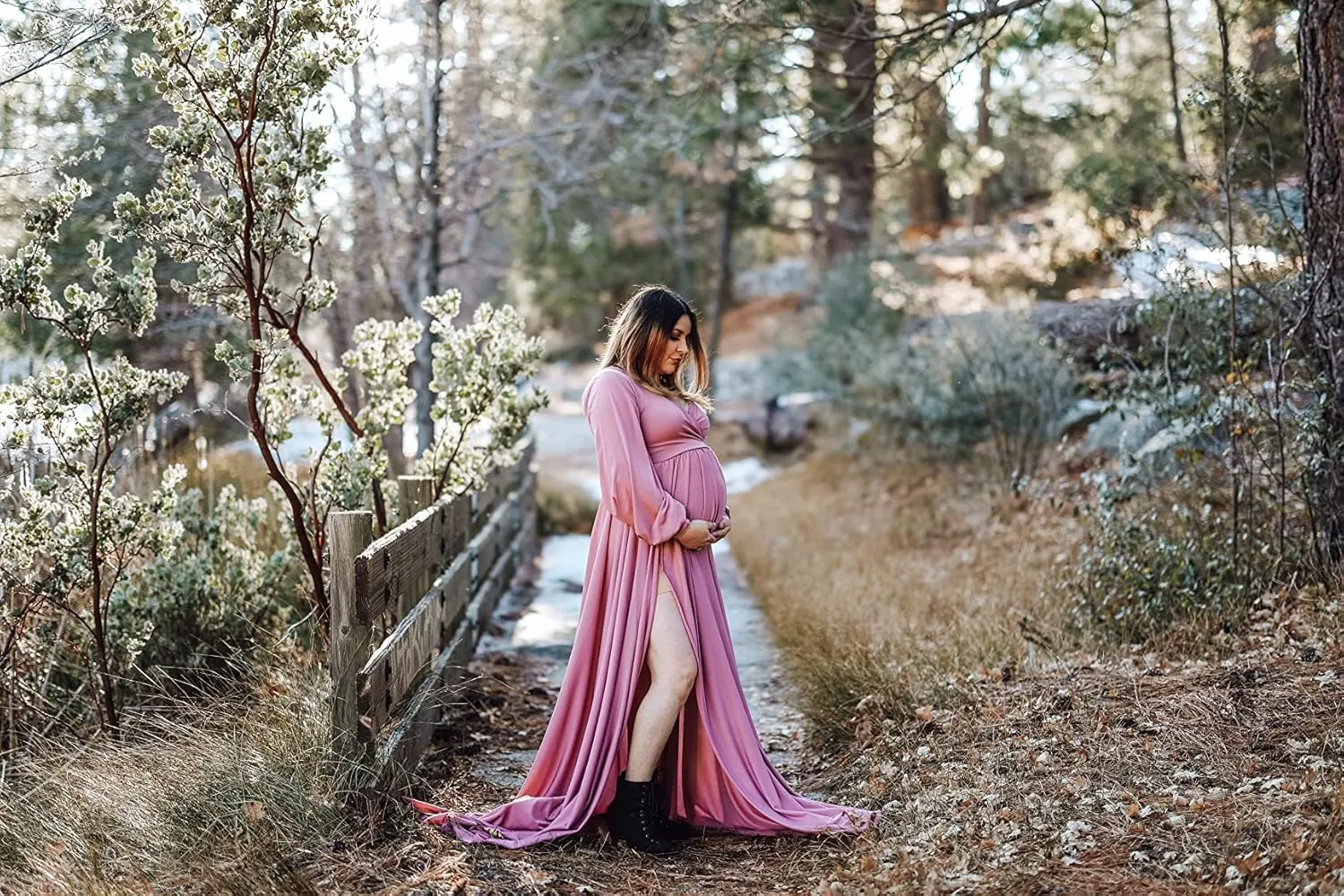 Dedysler Maternity Gowns Long Sleeves Baby Shower Dress for Photoshoot Wrap Split Sweetheart Maxi Photography