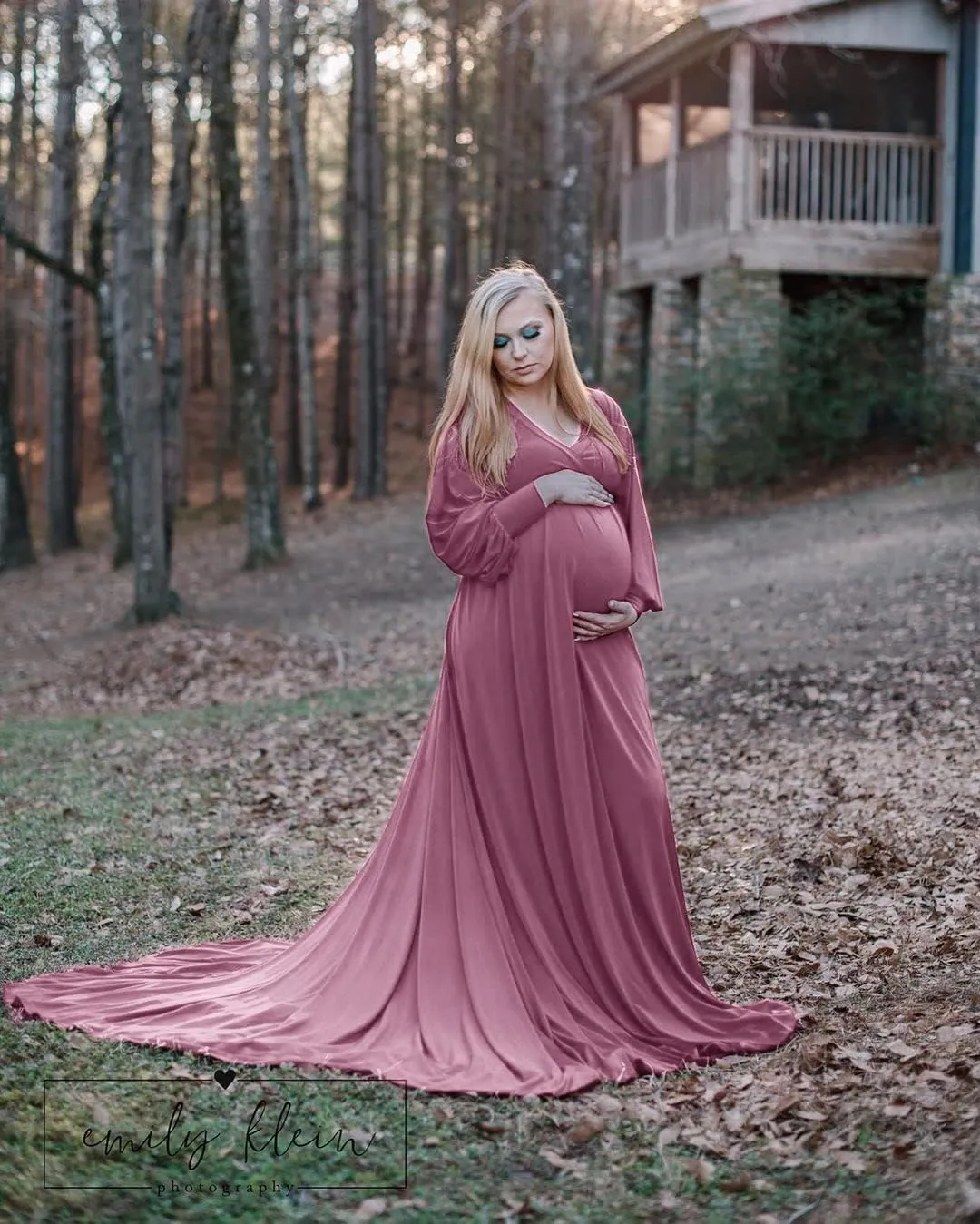Dedysler Maternity Gowns Long Sleeves Baby Shower Dress for Photoshoot Wrap Split Sweetheart Maxi Photography