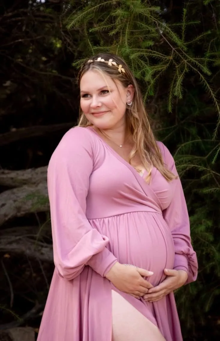 Dedysler Maternity Gowns Long Sleeves Baby Shower Dress for Photoshoot Wrap Split Sweetheart Maxi Photography
