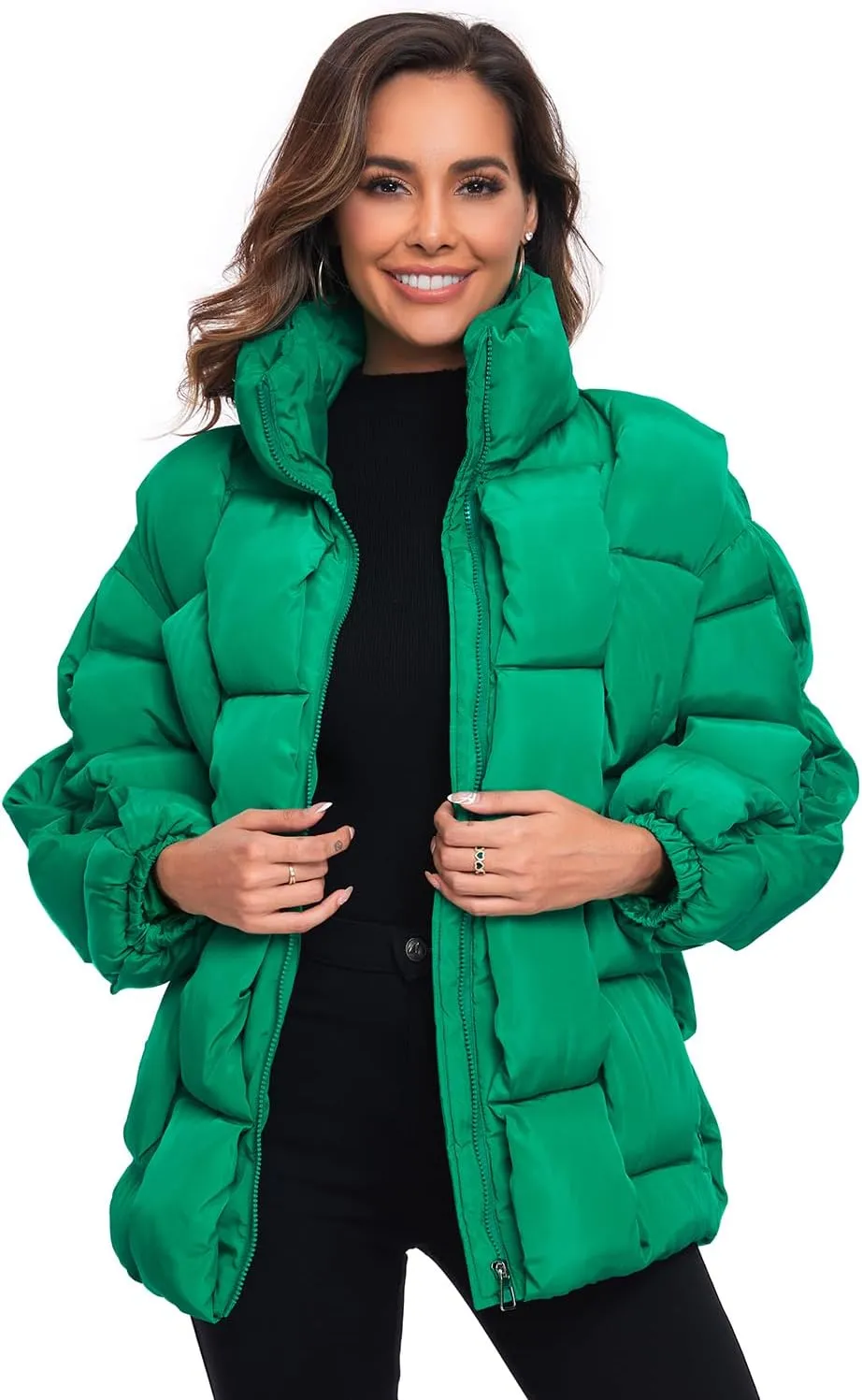 Epsion Womens Winter Casual Puffer Jacket Padded Long Sleeve Full Zipper Stand Collar Pockets Quilted Coats Outwear