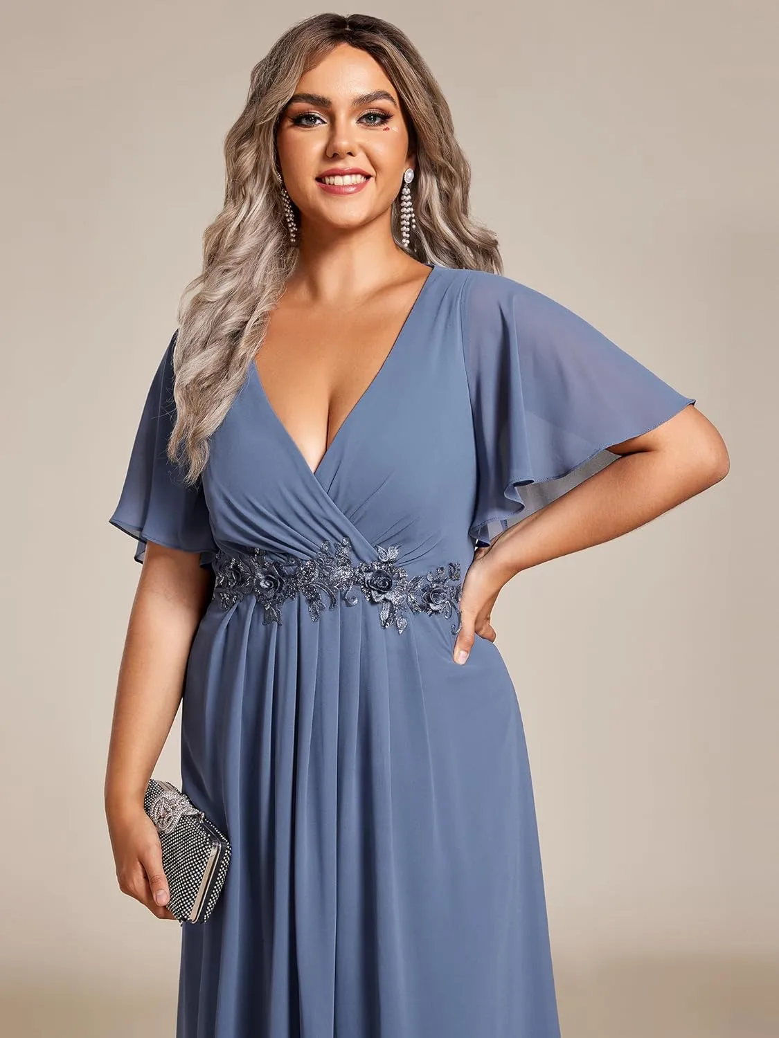 Ever-Pretty Women's V Neck Pleated Chiffon Applique Ruffles Sleeves Maxi Plus Size Formal Wedding Guest Dresses