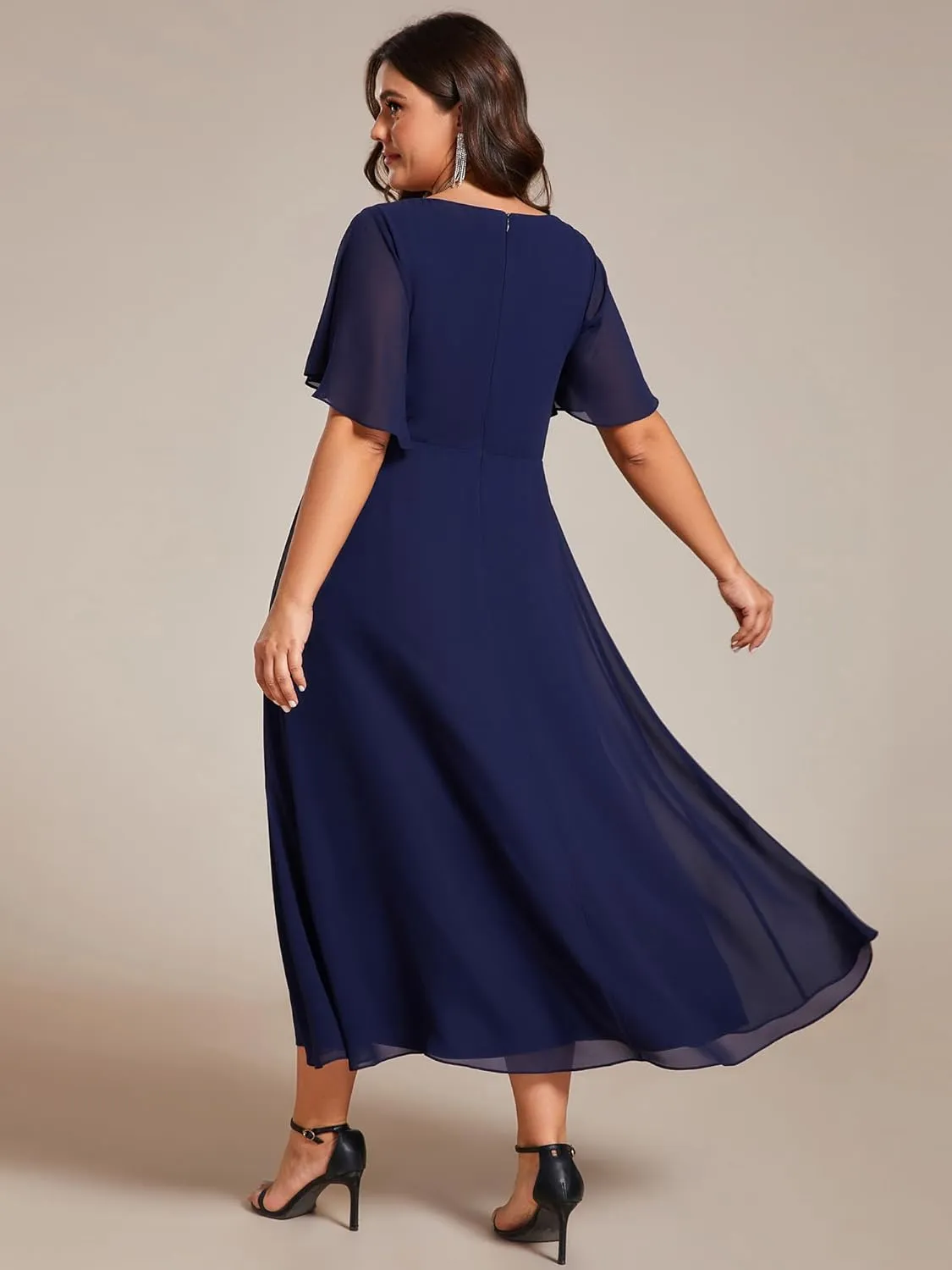 Ever-Pretty Women's V Neck Pleated Chiffon Applique Ruffles Sleeves Maxi Plus Size Formal Wedding Guest Dresses