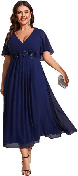 Ever-Pretty Women's V Neck Pleated Chiffon Applique Ruffles Sleeves Maxi Plus Size Formal Wedding Guest Dresses