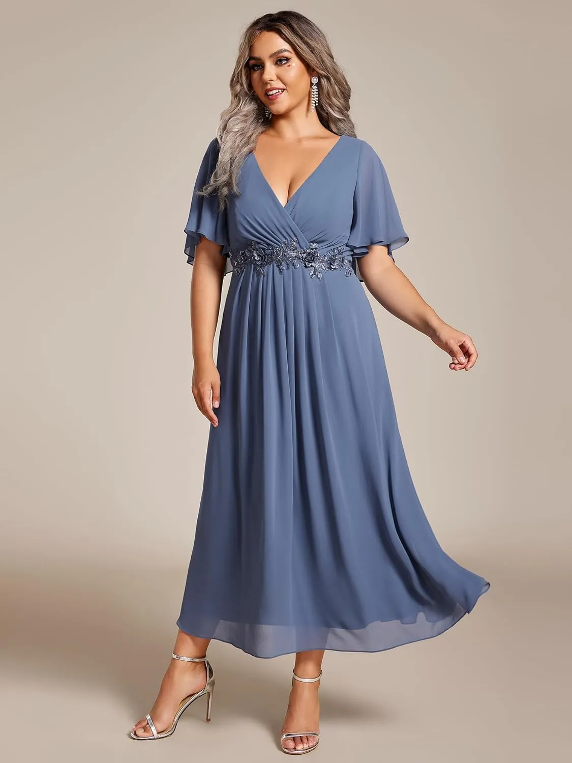 Ever-Pretty Women's V Neck Pleated Chiffon Applique Ruffles Sleeves Maxi Plus Size Formal Wedding Guest Dresses