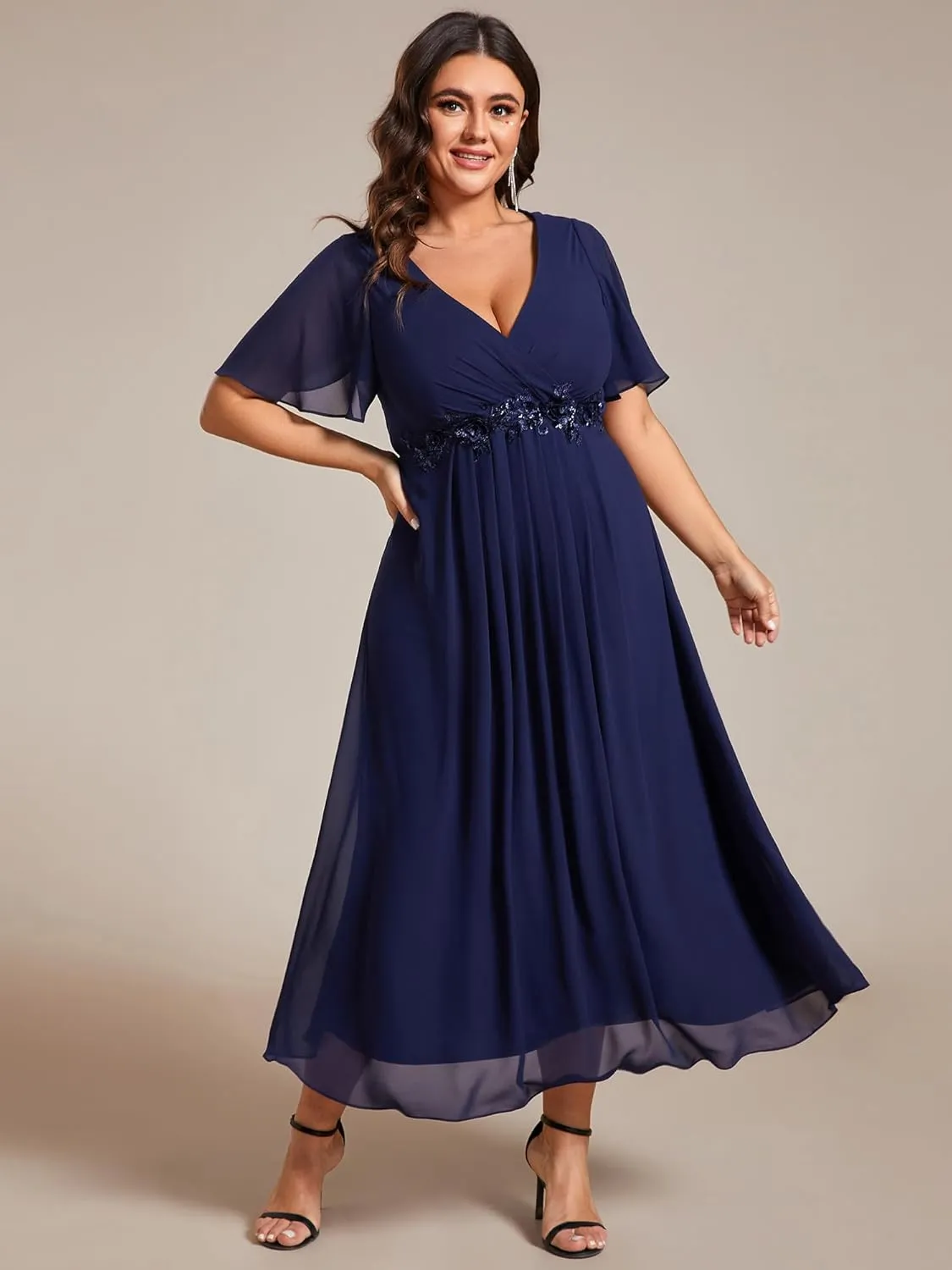 Ever-Pretty Women's V Neck Pleated Chiffon Applique Ruffles Sleeves Maxi Plus Size Formal Wedding Guest Dresses
