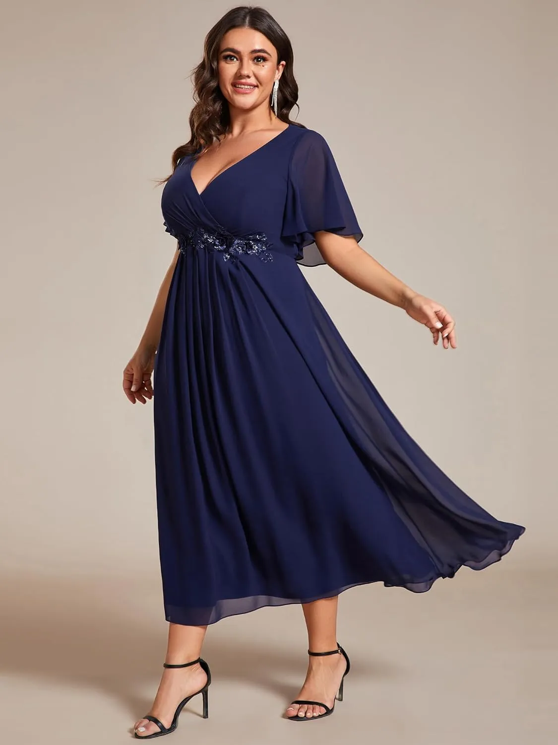 Ever-Pretty Women's V Neck Pleated Chiffon Applique Ruffles Sleeves Maxi Plus Size Formal Wedding Guest Dresses