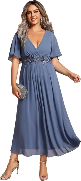 Ever-Pretty Women's V Neck Pleated Chiffon Applique Ruffles Sleeves Maxi Plus Size Formal Wedding Guest Dresses