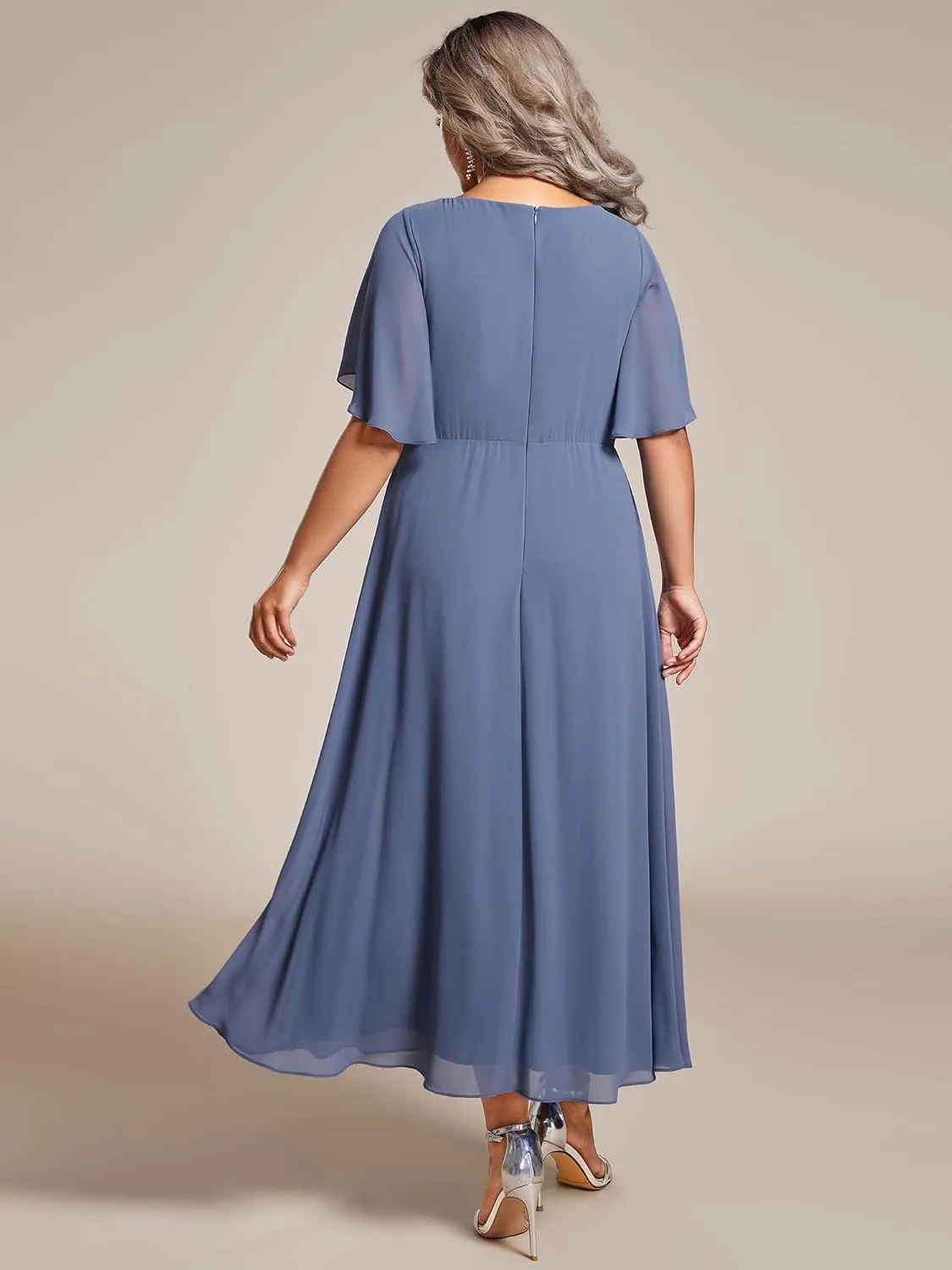 Ever-Pretty Women's V Neck Pleated Chiffon Applique Ruffles Sleeves Maxi Plus Size Formal Wedding Guest Dresses