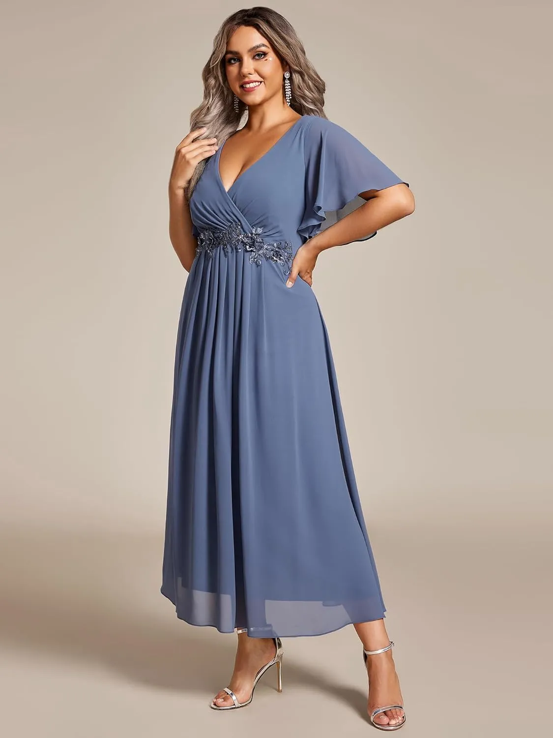 Ever-Pretty Women's V Neck Pleated Chiffon Applique Ruffles Sleeves Maxi Plus Size Formal Wedding Guest Dresses