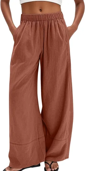 fanmpghleoo Linen Pants Women Summer Wide Leg Casual Palazzo Beach Pants Loose Lounge Linen Trousers with Pockets