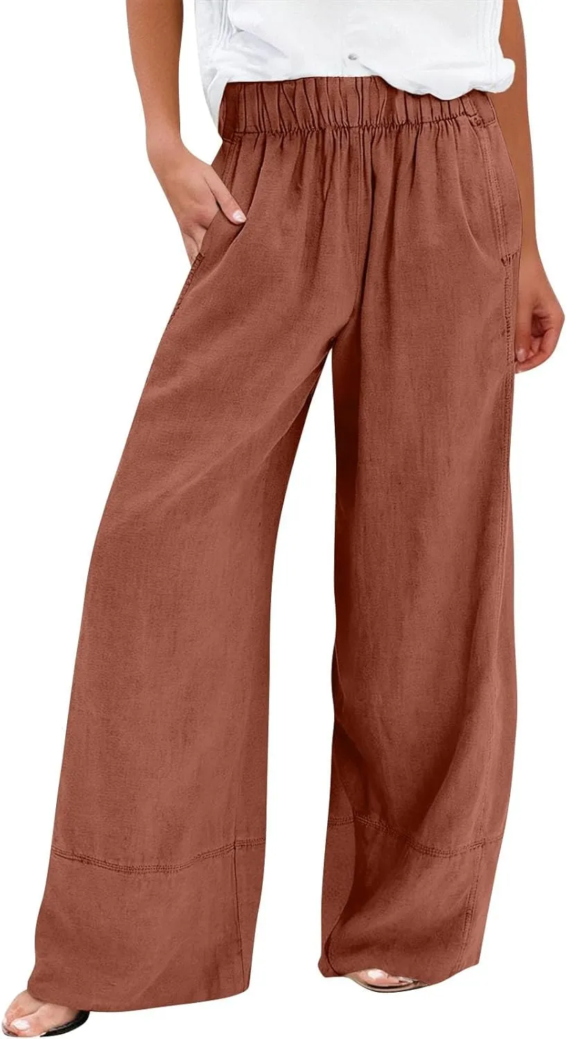 fanmpghleoo Linen Pants Women Summer Wide Leg Casual Palazzo Beach Pants Loose Lounge Linen Trousers with Pockets